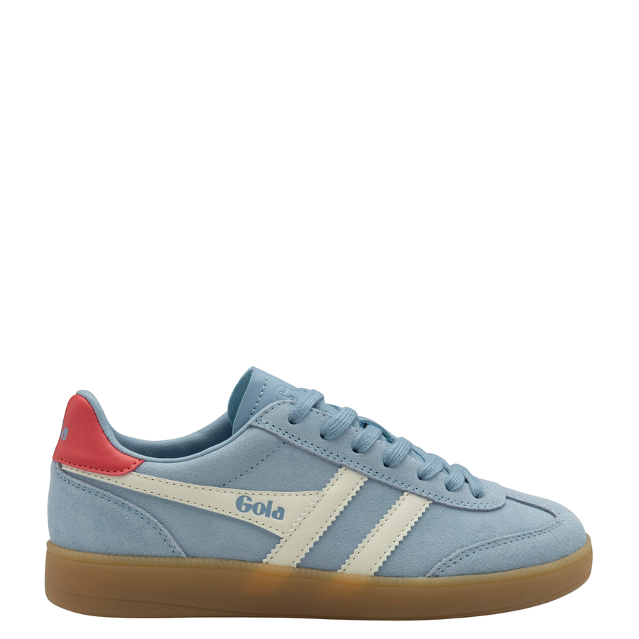 blue gola women's viper sneaker with pink accents, white stripes and a gum sole on a white background