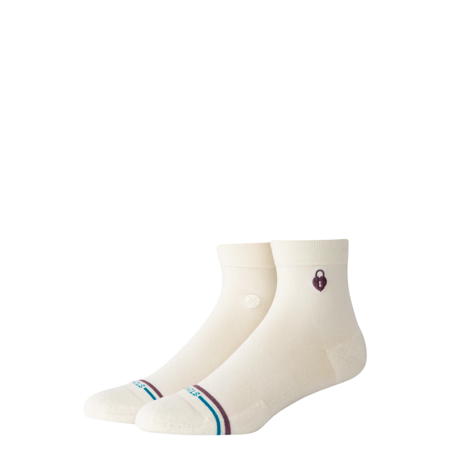 off white stance lock and key quarter socks featuring a lock on the left ankle and a key on the right on a white background