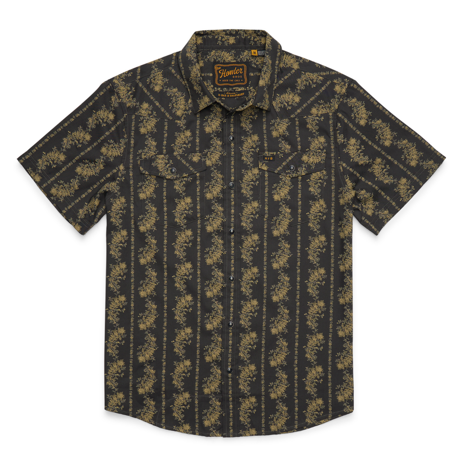 Holwer Brothers H Bar B Snapshirt grampa's curtains in a black with a gold floral design on a white background