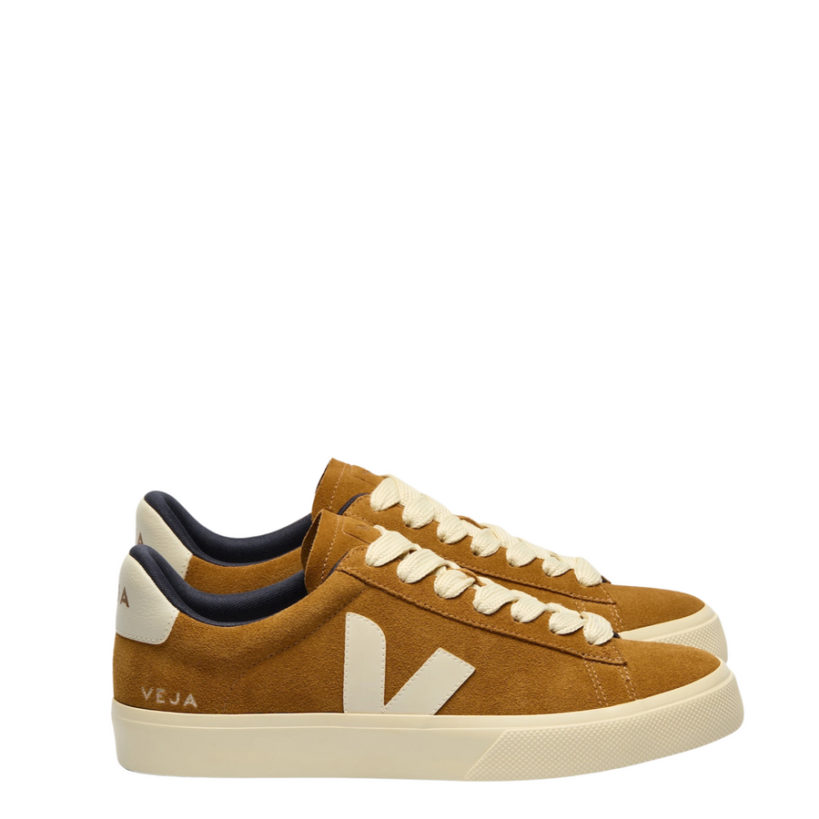 brown veja campo suede women's sneaker with off white laces, logo and sole on a white background