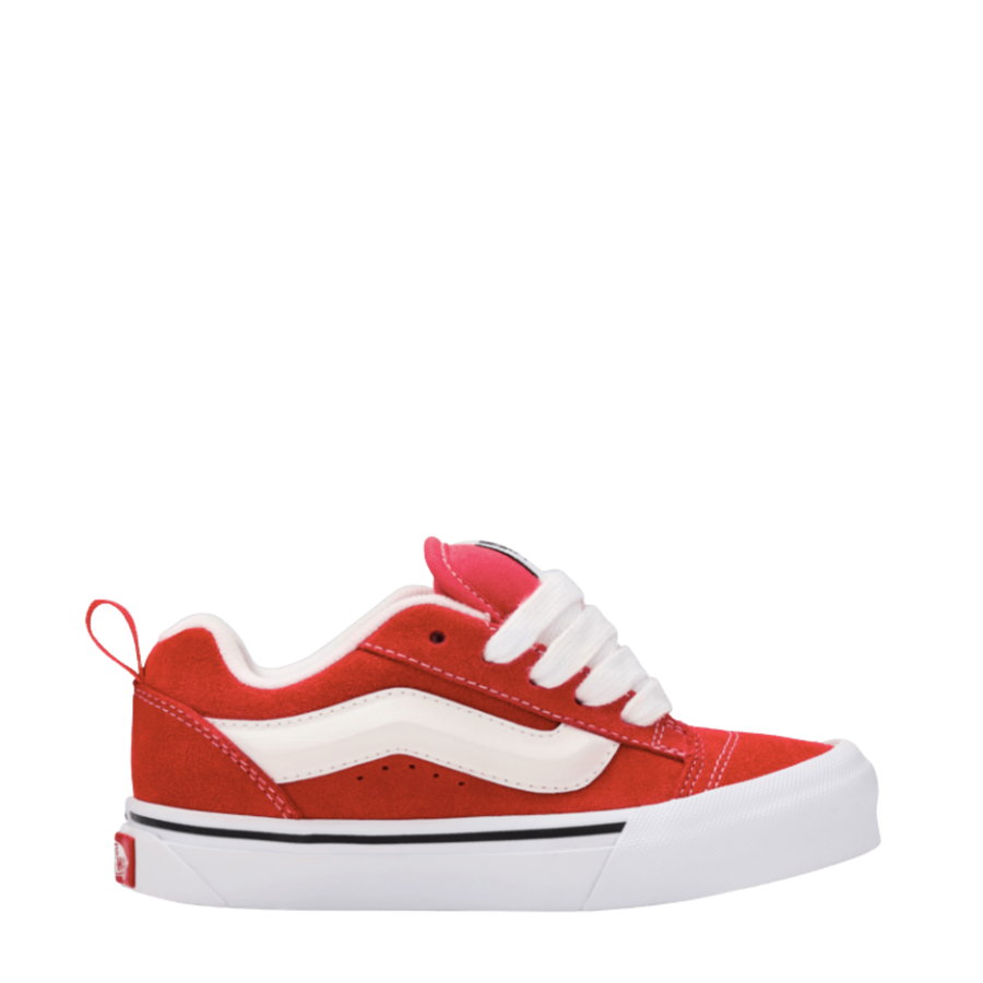 red vans kids knu skool with white stripe and sole on a white background