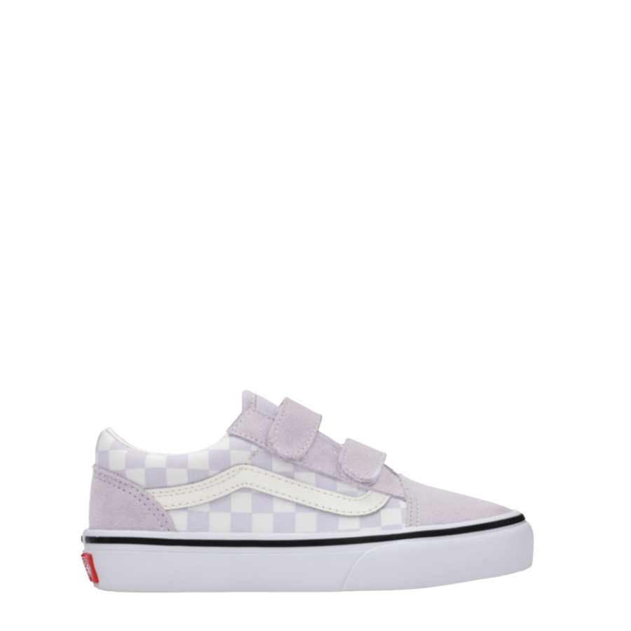 purple and white checkerboard vans kids velcro old skool with whole sole and stripe