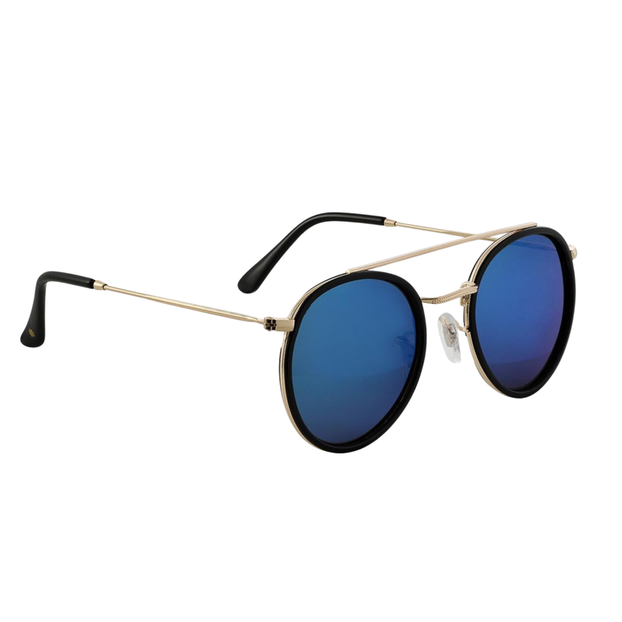 glassy parker premium Sunglasses with blue lenses and gold frame on a white background