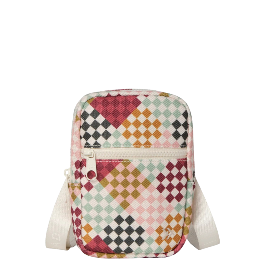 multi colored checkered thread crossbody bag on a white background