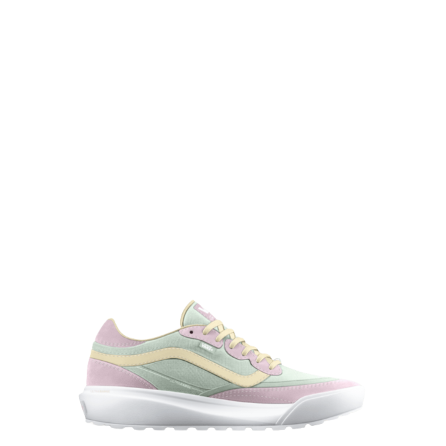 pink and green vans kids ultrarange shoe on a white background