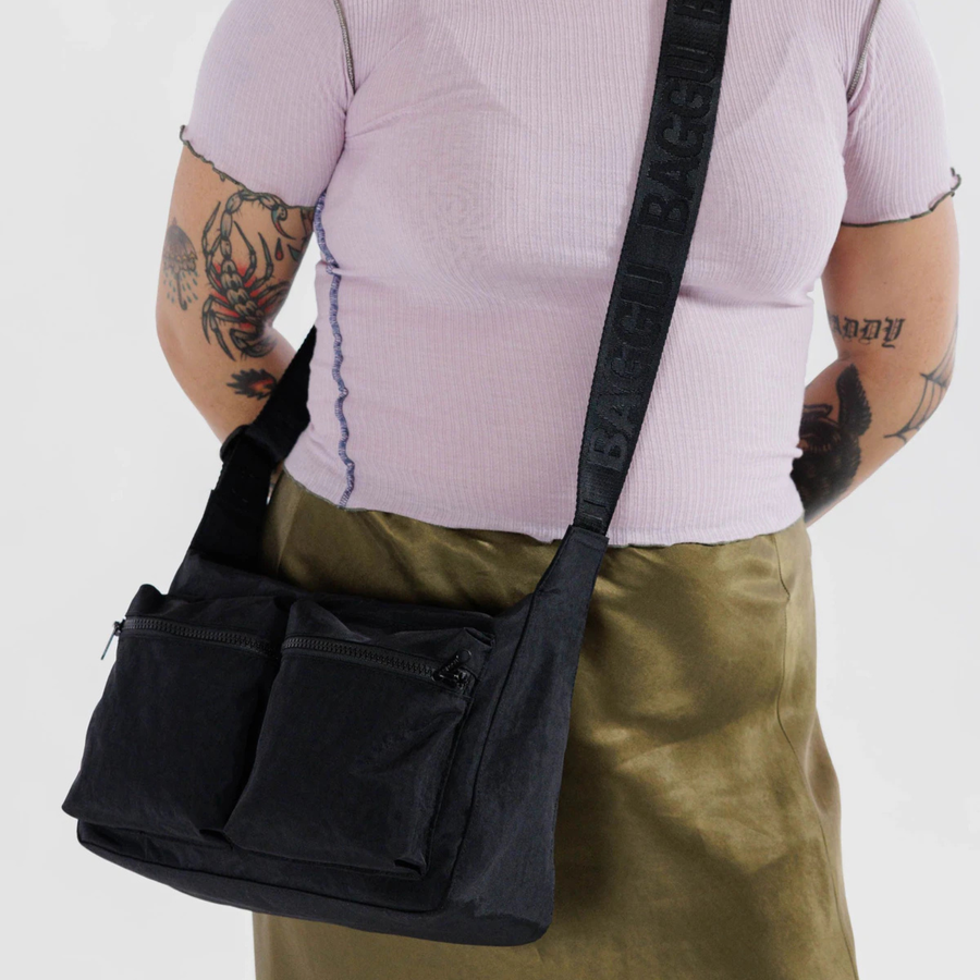 black baggu cargo medium sized crossbody bag on a white background