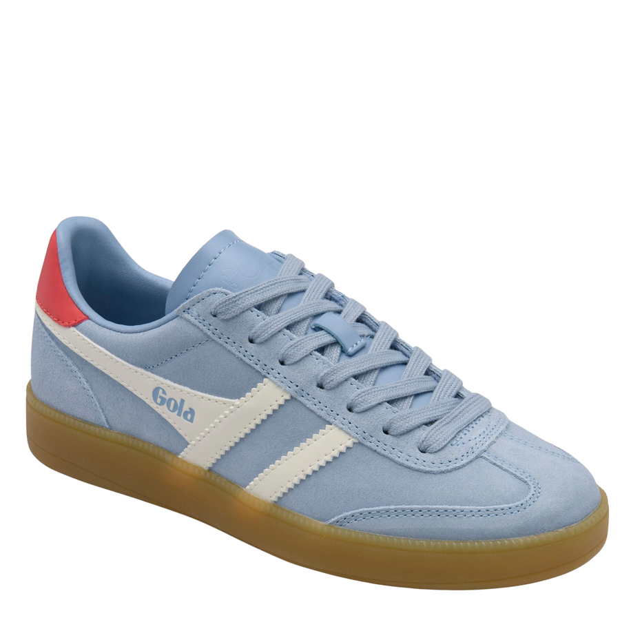 blue gola women's viper sneaker with pink accents, white stripes and a gum sole on a white background