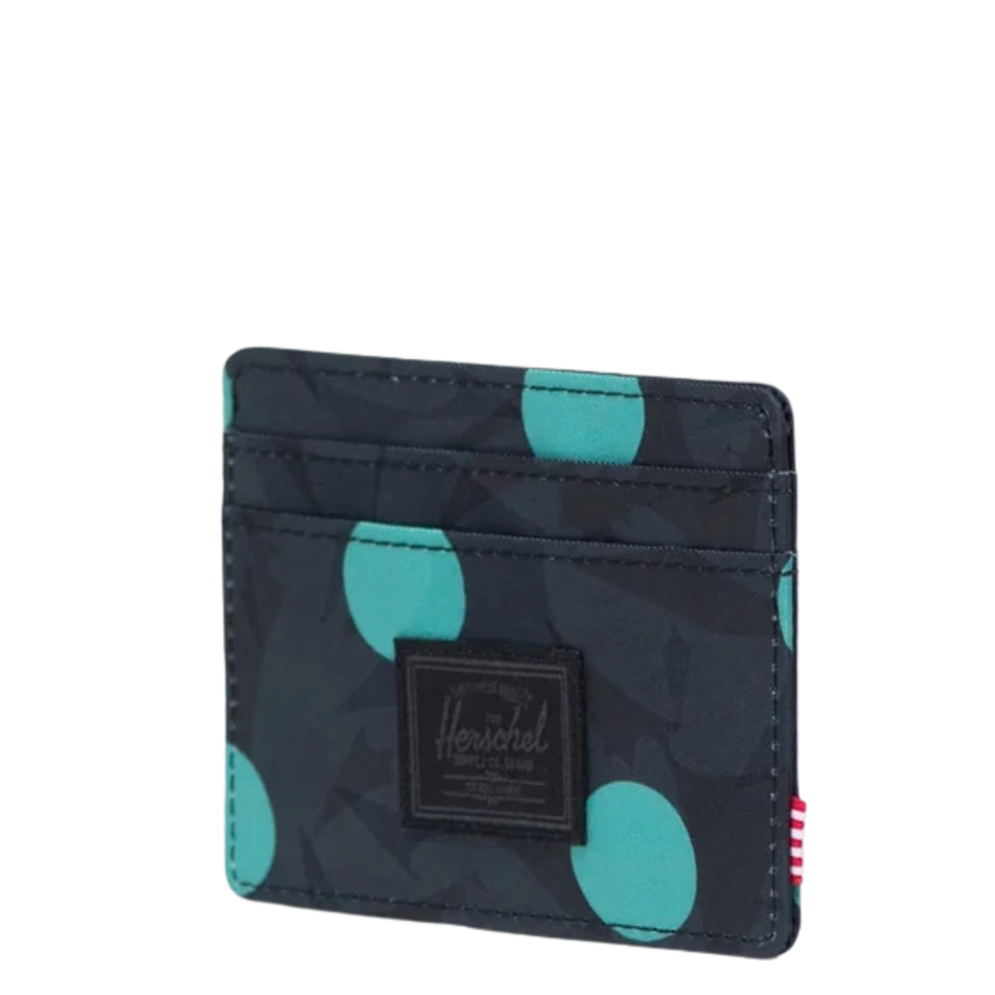 blue floral herschel charlie card wallet with blue polka dots