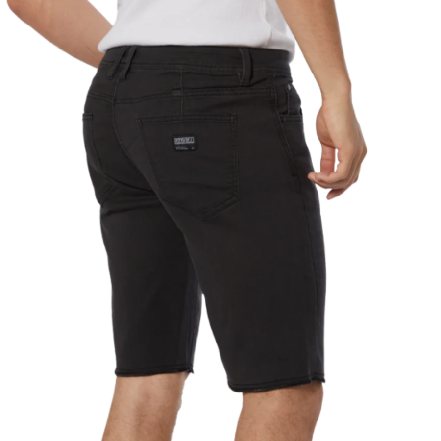 vintage Black ezekiel now denim shorts worn by a person on a white background