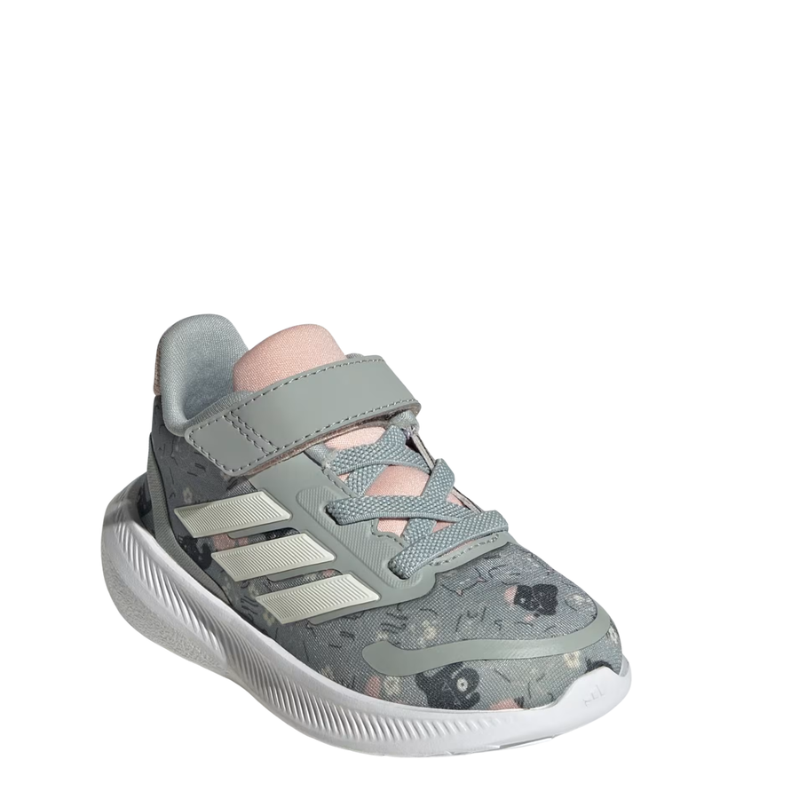 Green Adidas RUNFALCON 5 kids sneaker with floral pattern on a white background