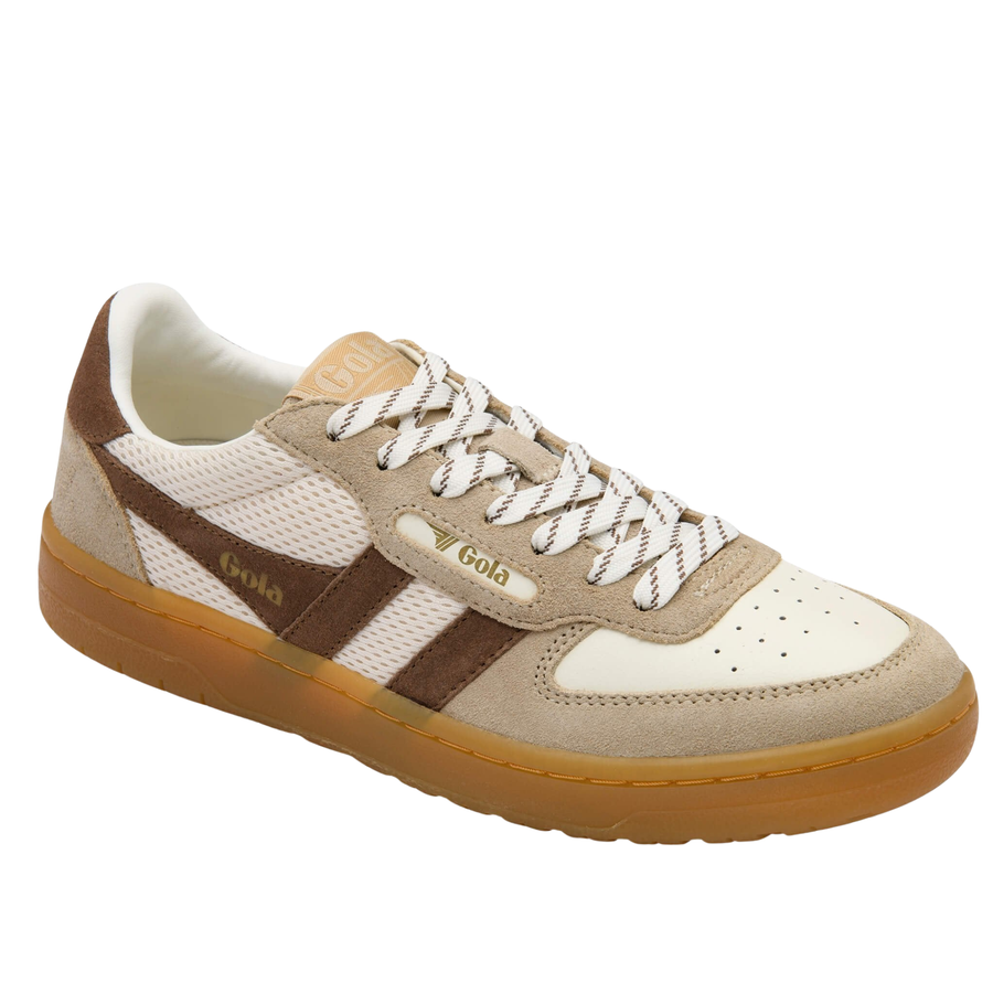 off white, tan and brown gola women's hawk '83 sneaker with gum sole on a white background