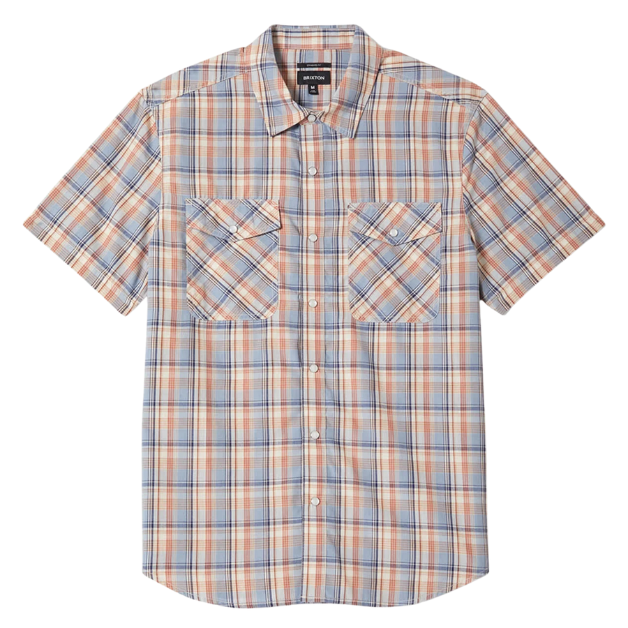Person wearing a plaid brixton breezy wayne short sleeve shirt and cowboy hat on a white background
