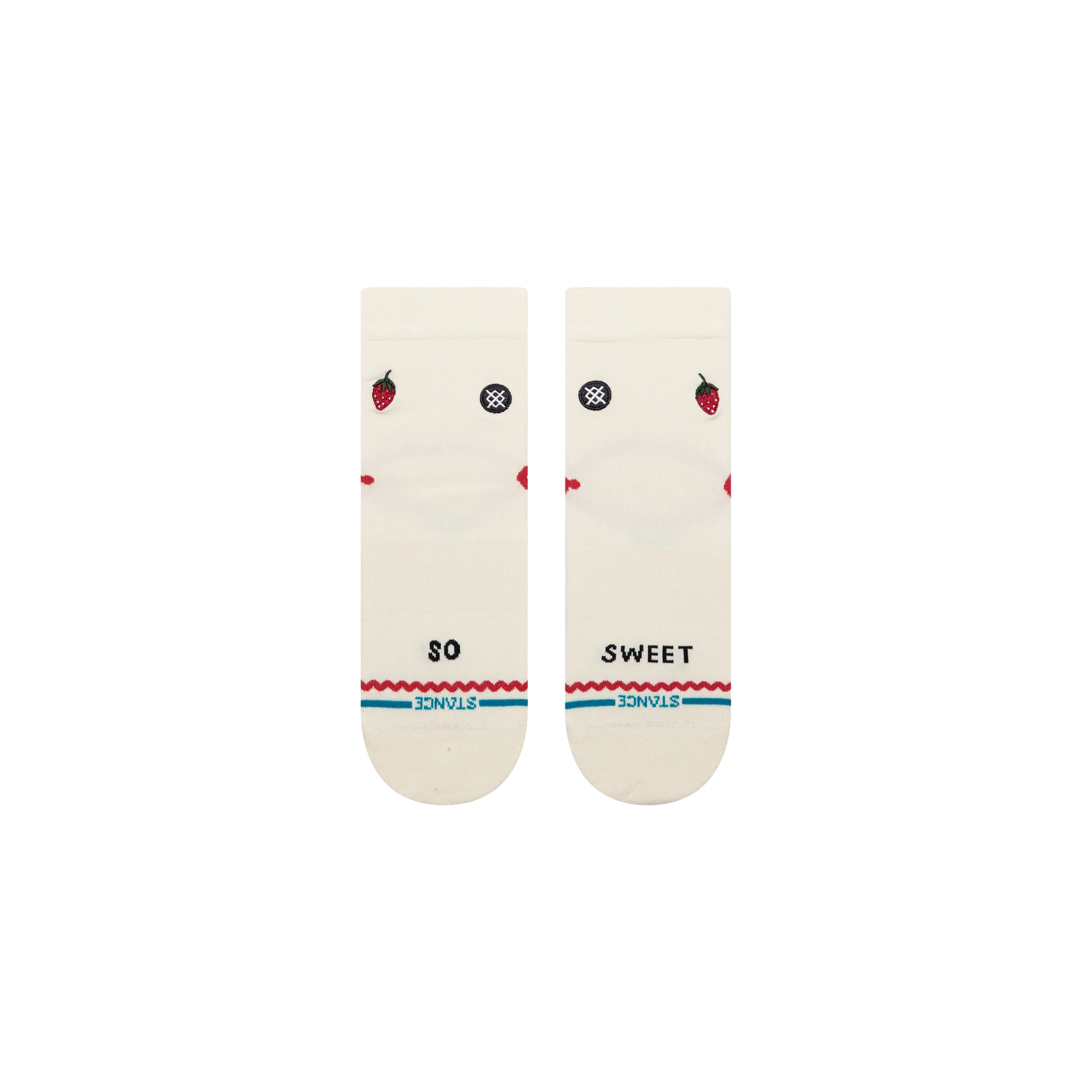 A pair of Stance crew socks in off-white, featuring a black circular logo with a white cross on the front ankle, a small red strawberry graphic on the side, and red and blue wavy stripe accents near the toe.