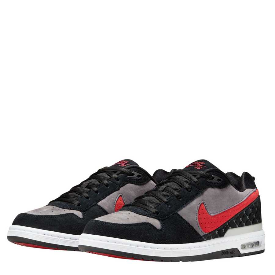 black and grey nike sb paul rodriguez with a red swoosh and white sole