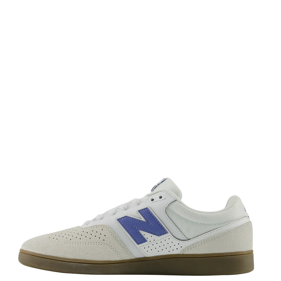 Off White New Balance Numeric 508 skateboard sneaker with blue 'N' logo on a white background
