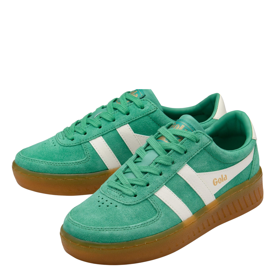 Green gola grandslam suede sneaker with white stripes and brown sole on a white background