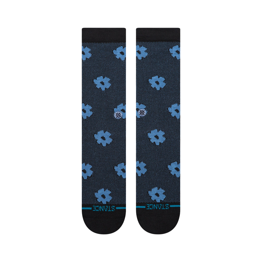 stance digital daisy crew socks with a black and blue floral pattern on a white background