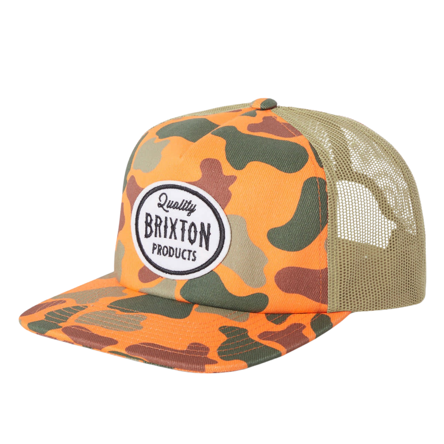 orange Camouflage-patterned brixton henry trucker hat with Brixton logo on a white background