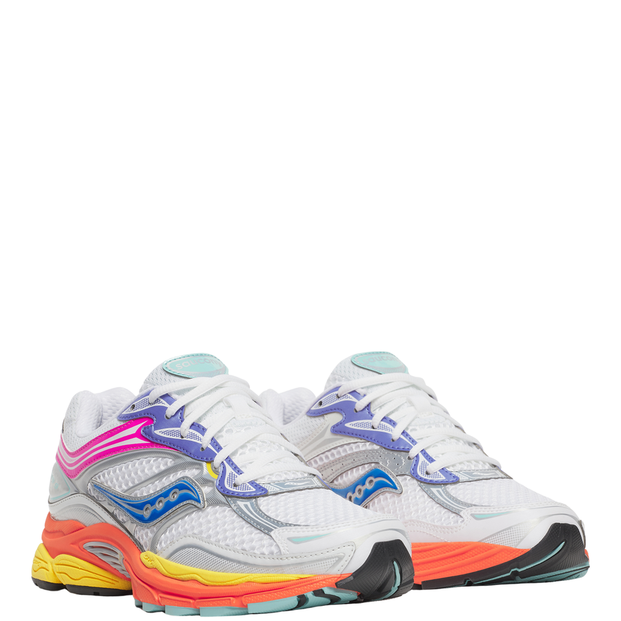 Colorful SAUCONY progrid omni 9 running shoe with a brand logo on a white background