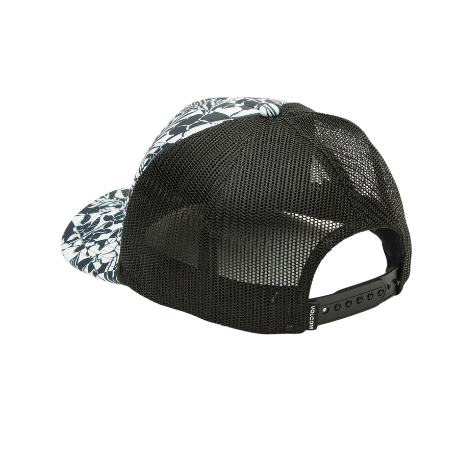 black and white volcom into paradise trucker hat with black mesh back on a white background