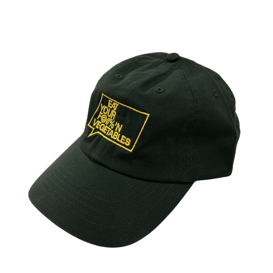 dark green cap with yellow eat your f'n vegetables text on a white background