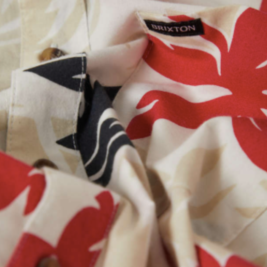 Short-sleeve brixton charter print men's shirt with red and black floral pattern on a white background