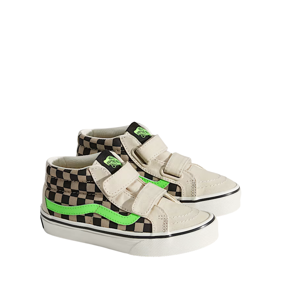Checkered sk8-mid vans kids and toddler sneaker with neon green accents on a white background