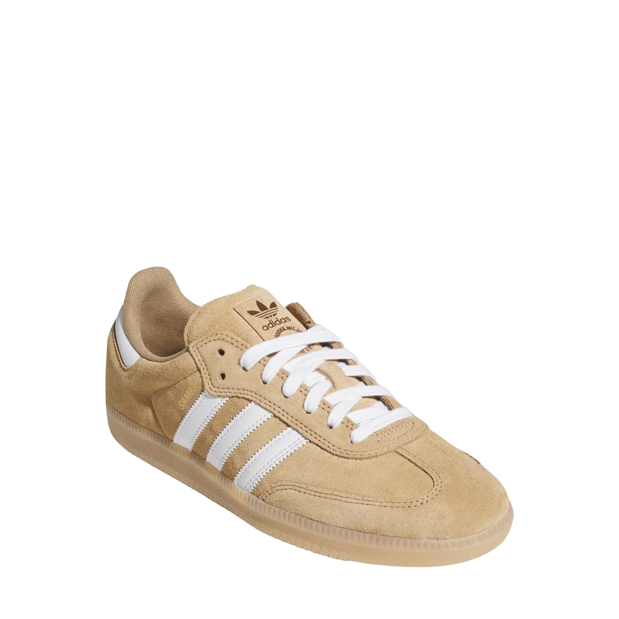 brown adidas samba adv skateboarding shoe with gum sole on a white background