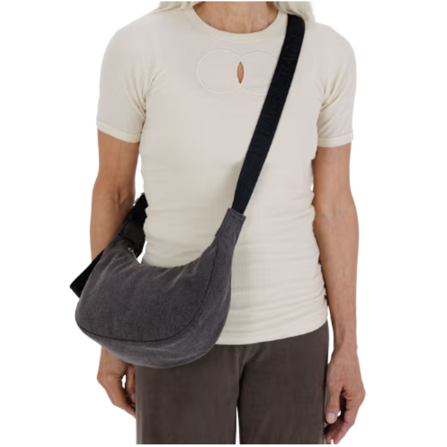 DARK Gray baggu small denim crescent shoulder bag with a strap on a white background
