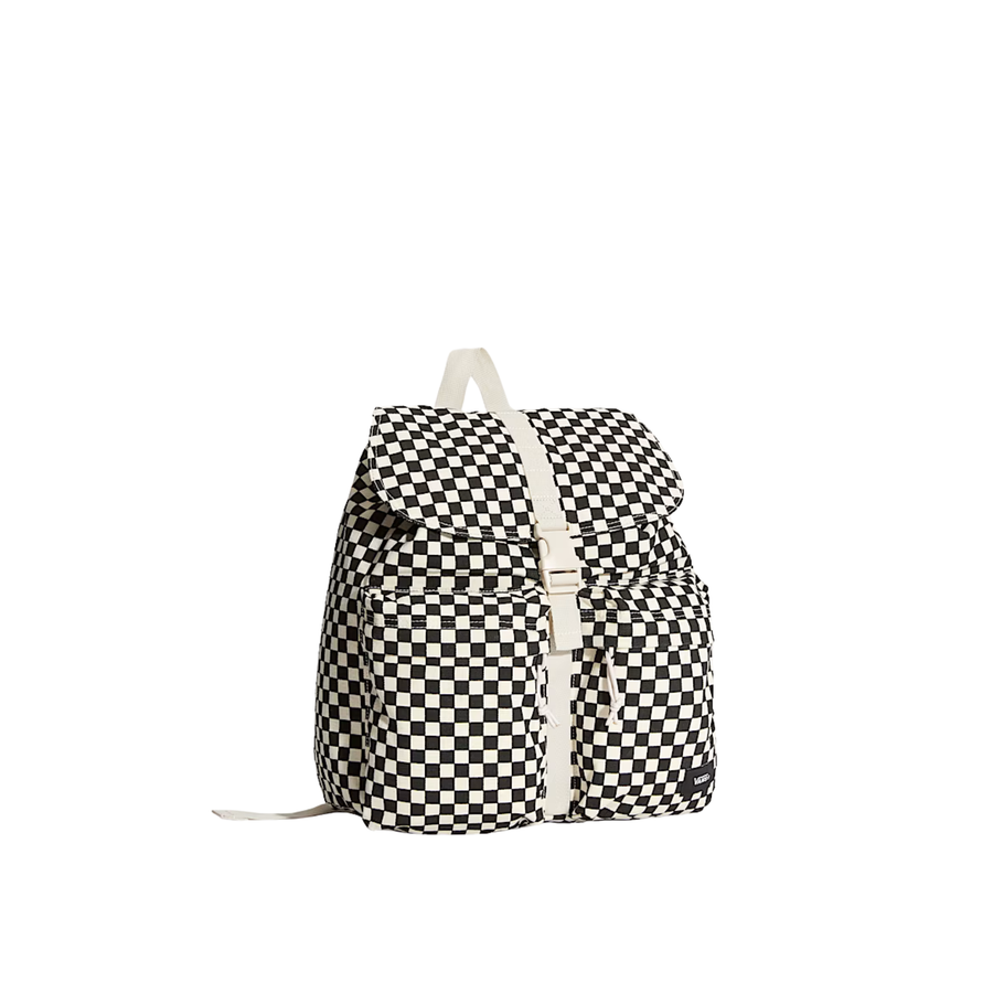 A black and white vans scatter checkerboard patterned backpack with a cream-colored top handle and front strap closure, shown against a plain white background.