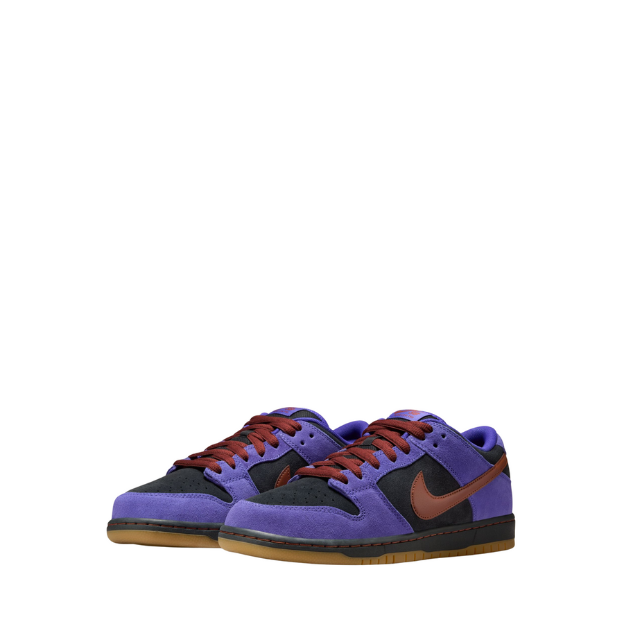 Purple nike sb dunk low sneaker with dark red and black accents on a white background