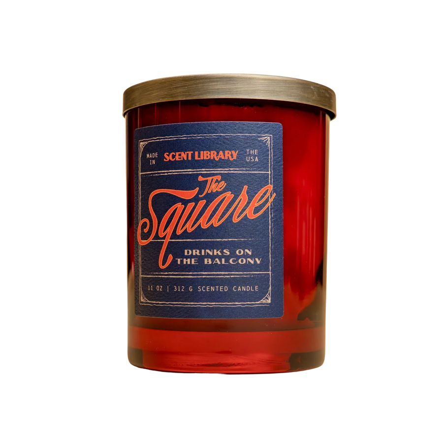 Scented candle labeled 'The Square Drinks on the Balcony' by Scent Library on a white background