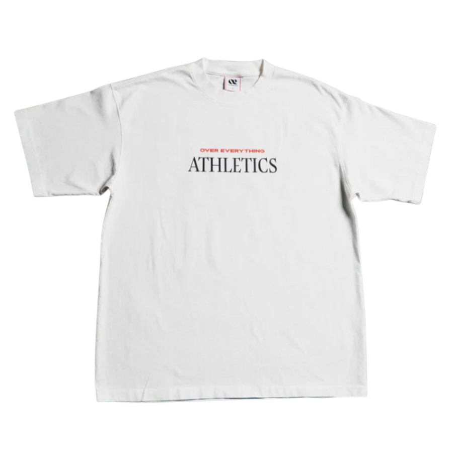 White OE Athletics club you vs you t-shirt with black and red text on a white background