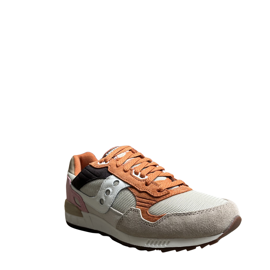 women's Saucony shadow 5000 sneaker with orange, gray, and pink design on a white background