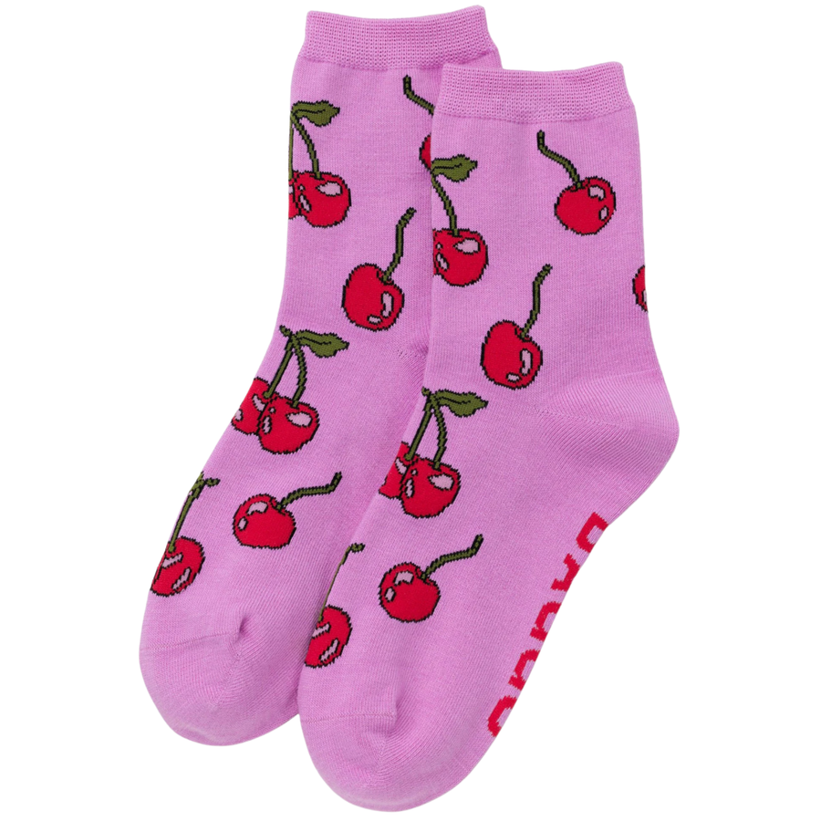 Pink baggu crew socks with cherry pattern on a white background