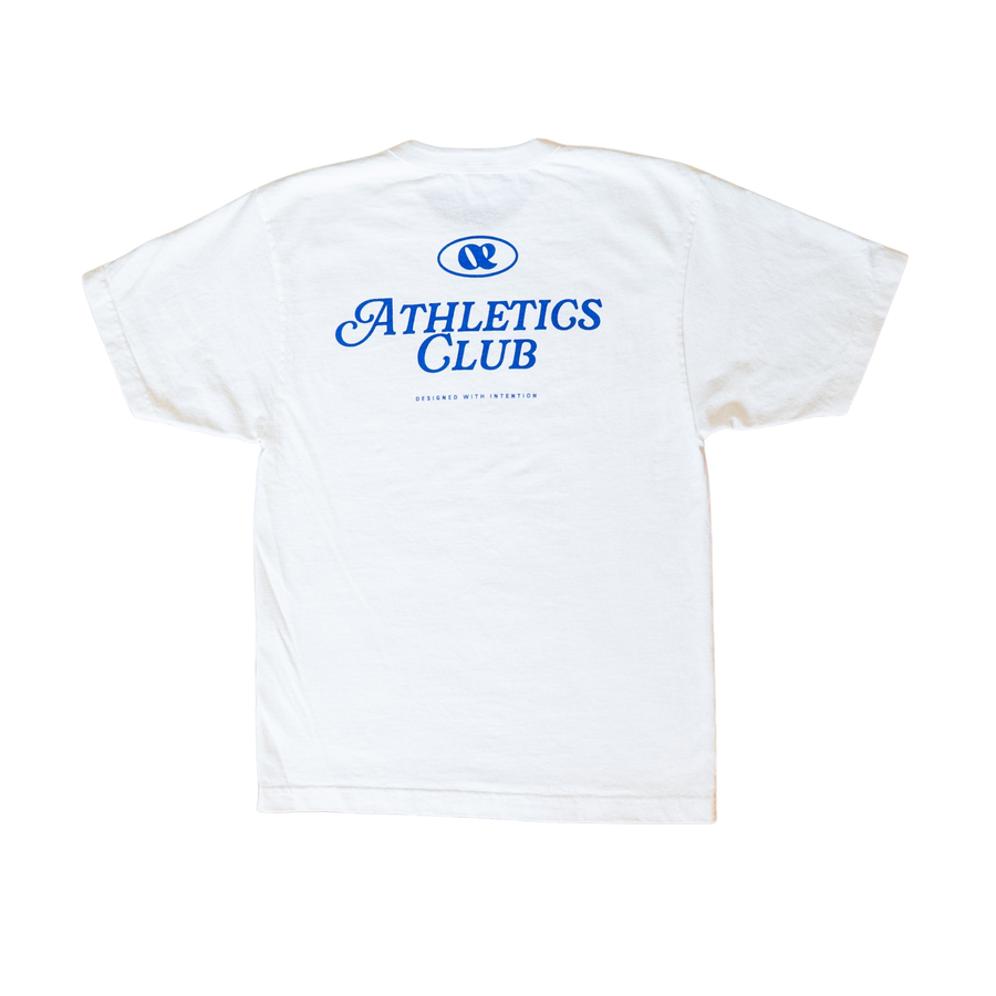 white OE Athletics heavyweight tee shirt with 5 PEOPLE RUNNING ON IT IN BLUE
