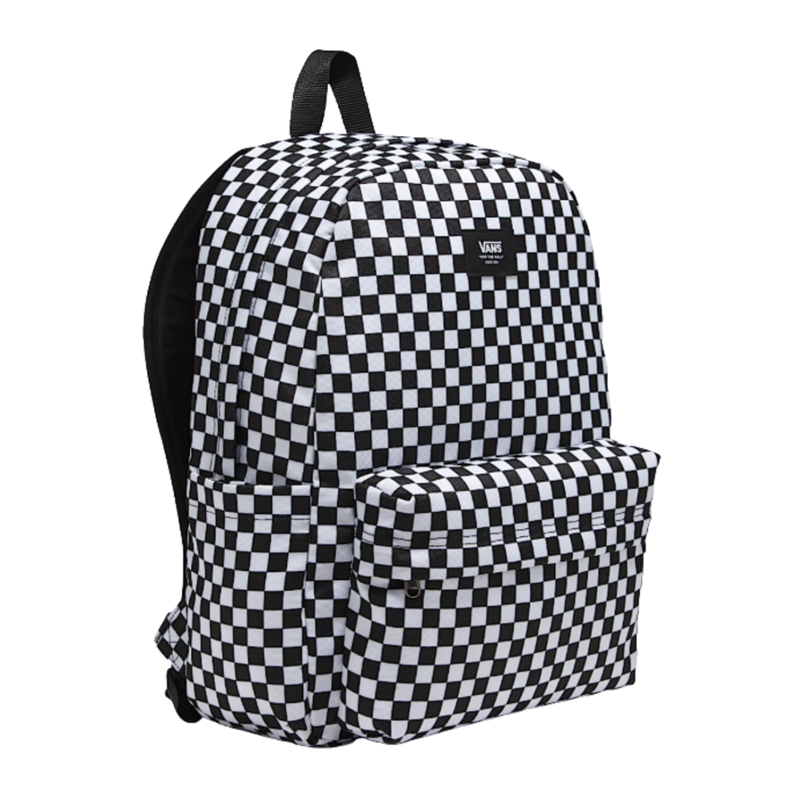 Black and white checkered backpack with Vans logo on a white background