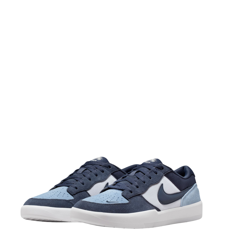 Navy and light blue NIKE SB FORCE 58 men's and women's sneaker with a white sole on a white background