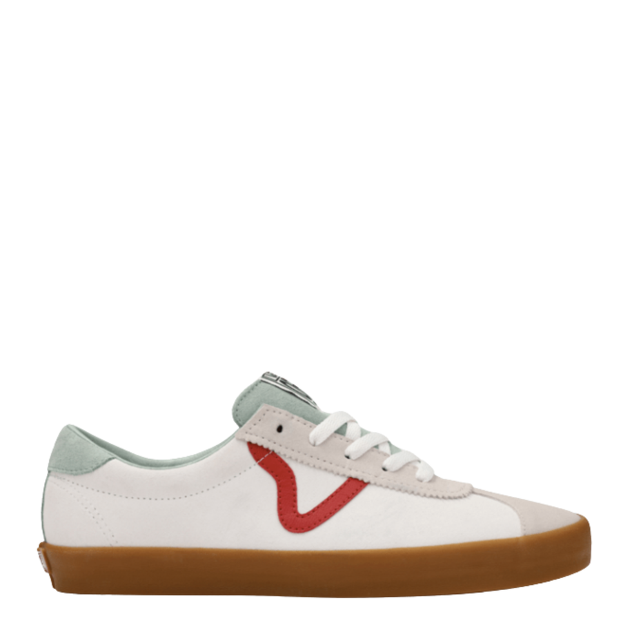 white and grey vans women's sport low with red v and blue tongue and gum sole