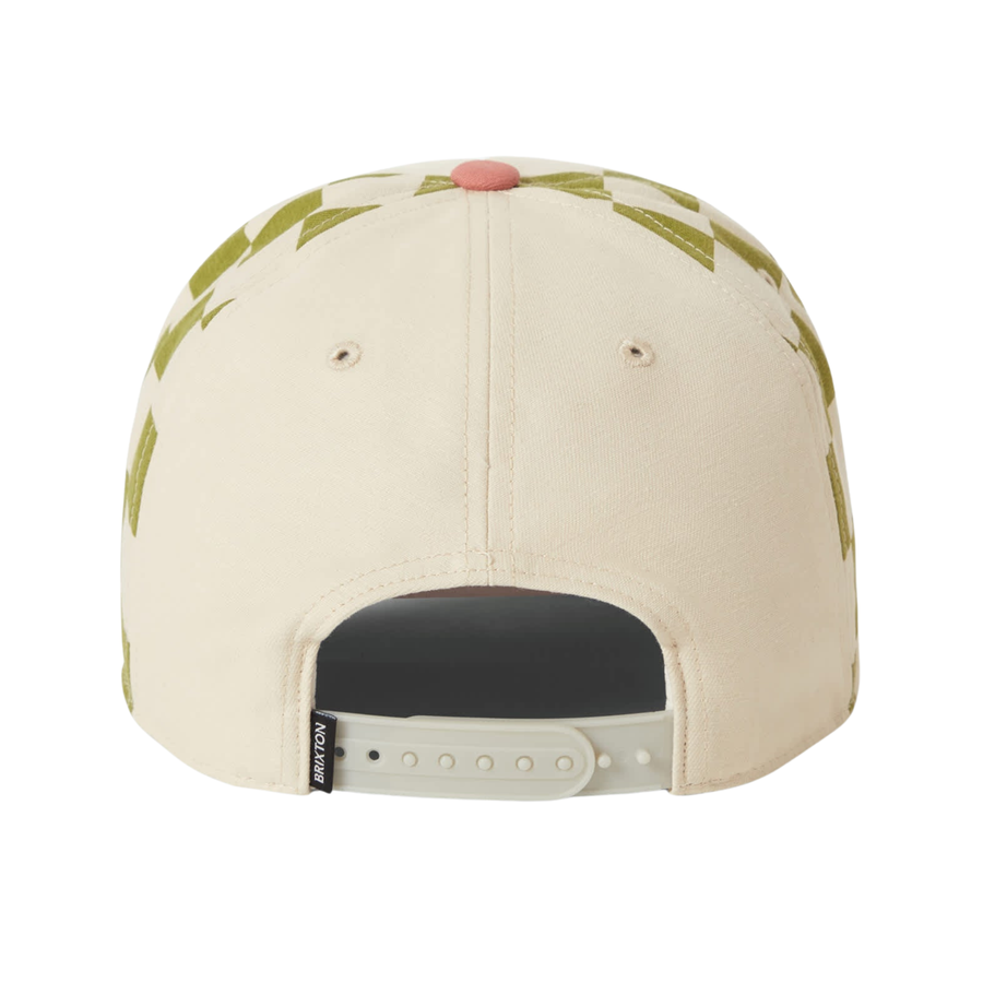 brixton slow down snapback hat with pink bill, green and white checkerboard side panel and slow down in script on the front