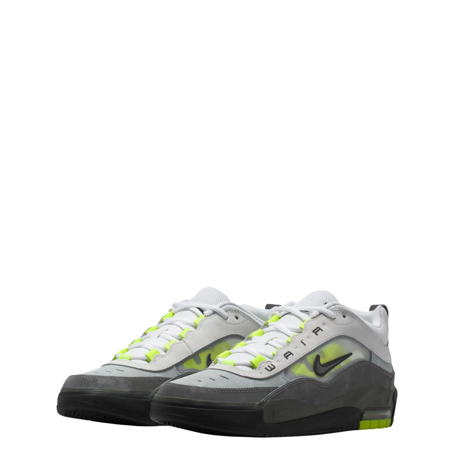 Gray and black nike sb air max ishod wair sneaker with neon green accents on a white background