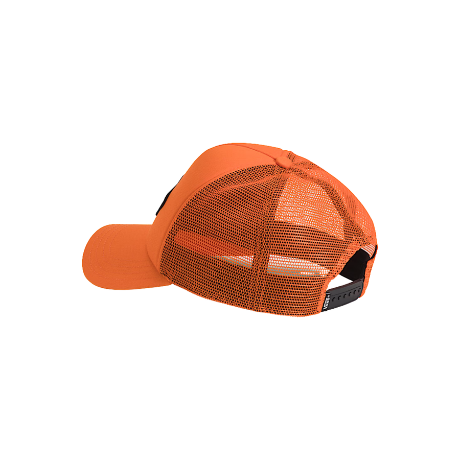 orange vans trucker hat with vans off the wall skateboard logo in black