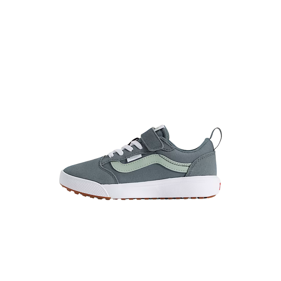 blue gray vans kids ultrarange 66 v with velcro straps, green sidestripe and white sole