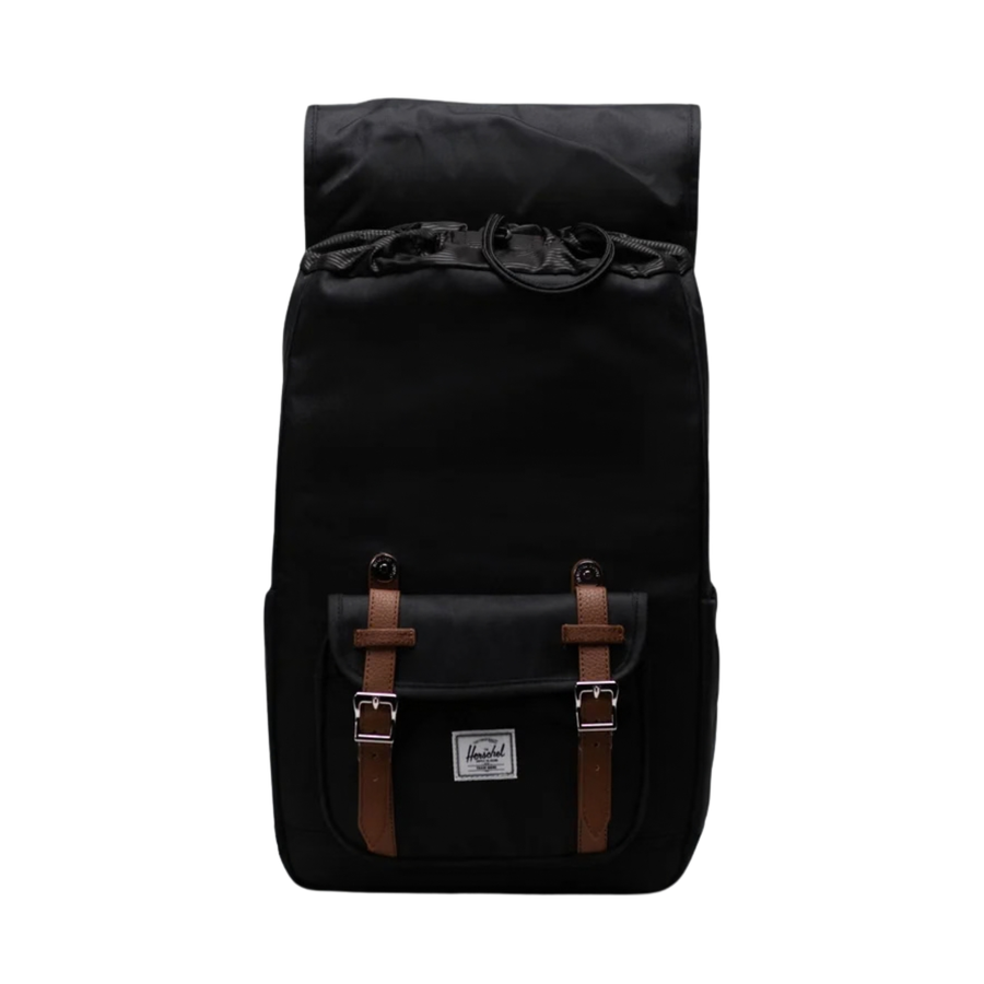 black herschel little america backpack with tan straps on a white background