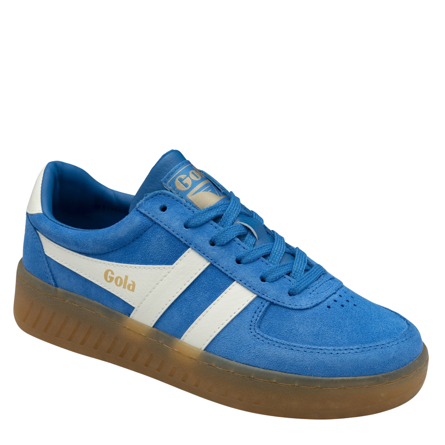 Blue gola grandslam suede sneaker with white stripes and brown sole on a white background