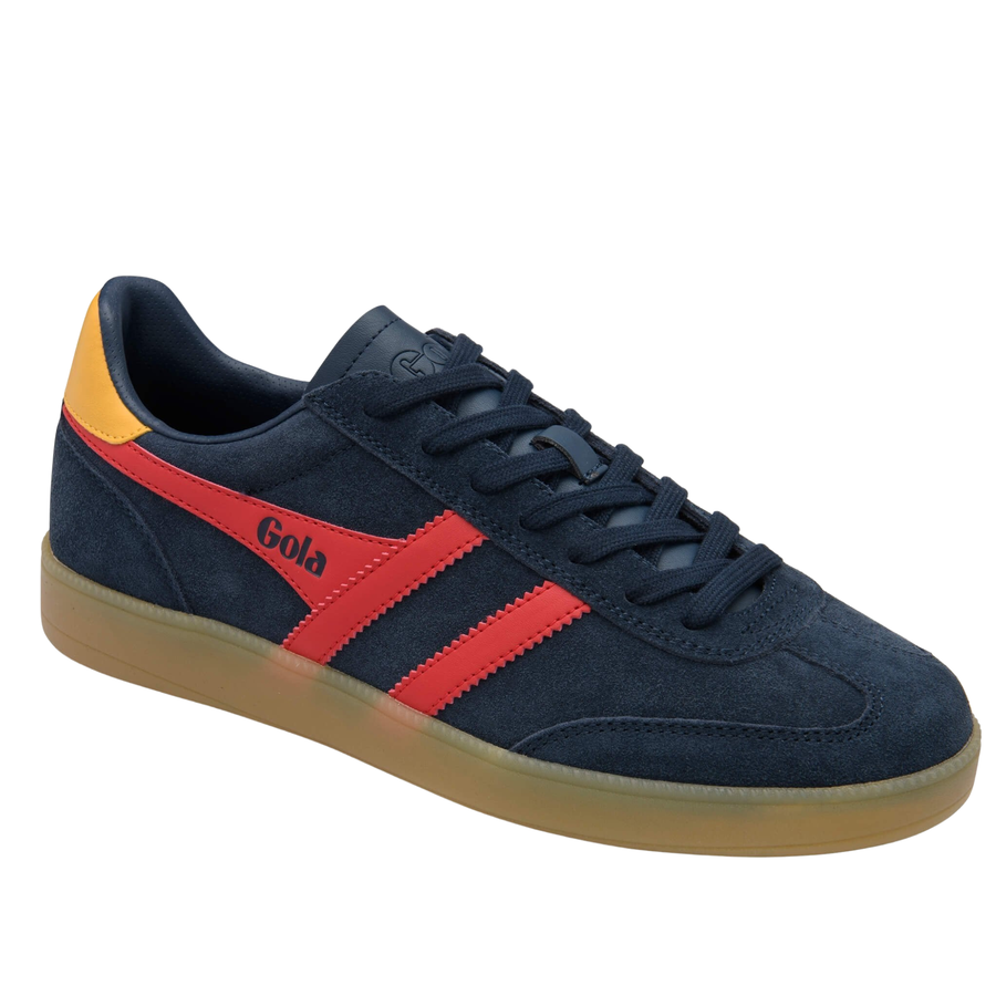 navy blue gola men's viper trainer with red stripes and yellow accent on a gum sole on a white background