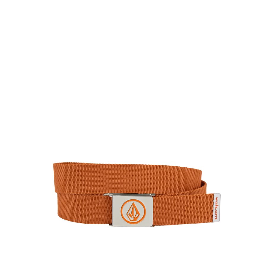 An orange volcom circle woven web belt with a silver metal buckle featuring a circular orange logo, coiled on a plain white background.