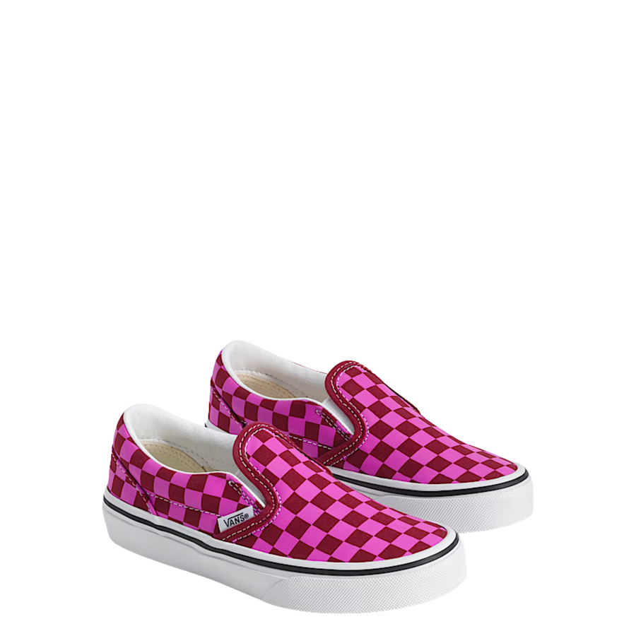 kids vans pink and red checkerboard slip-on shoe on a white background