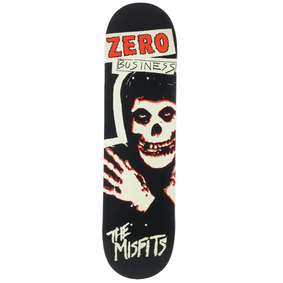 Skateboard deck with a skull design and 'Zero Business' text on a black background