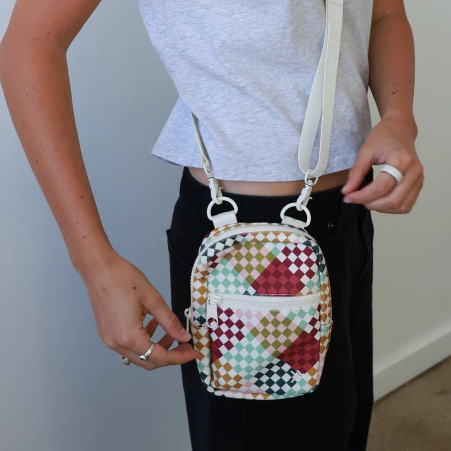 multi colored checkered thread crossbody bag on a white background